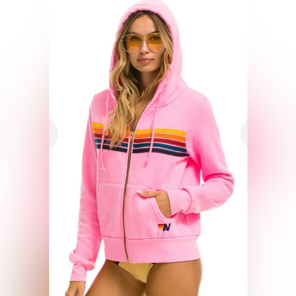 Aviator Nation 5 stripe zip up hoodie in pink. Size small (S). Great condition!